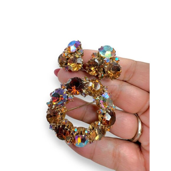 Weiss Brown Tan Topaz Aurora Borealis Crystal Brooch Clip On Earring Set Vintage - Picture 12 of 12